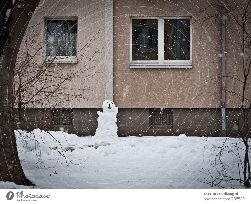 moaning Skulptur Winter Schnee Schneefall Garten Menschenleer Haus Fassade Fenster Schneemann stehen dunkel kalt trashig trist braun weiß Sehnsucht Einsamkeit