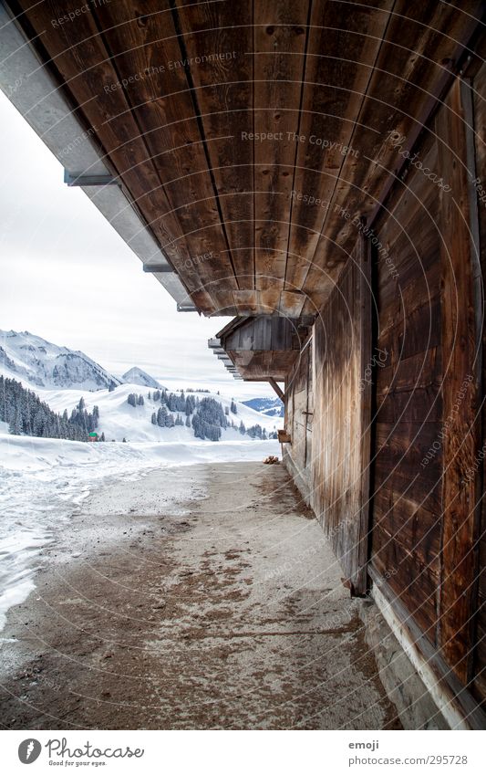 auf der Alp Umwelt Natur Winter Schnee Alpen Berge u. Gebirge einfach natürlich alpin Stall Farbfoto Außenaufnahme Menschenleer Tag Weitwinkel
