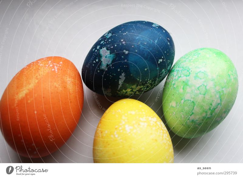vier bunte Eier Osterei mehrfarbig Basteln Dekoration & Verzierung Ostern Kindheit Kindheitserinnerung Frühling ästhetisch rund blau gelb grün orange Design