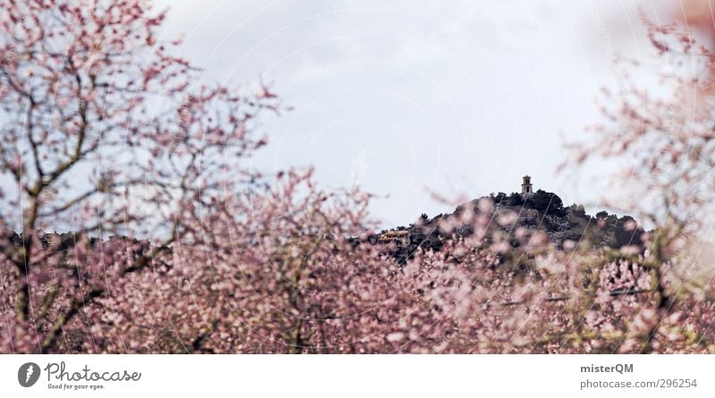 Mandelblüte. Kunst ästhetisch Frühling Frühlingstag Frühlingsfarbe Mandelbaum rosa Blühend Blühende Landschaften Mallorca Turm Ferne fantastisch Kitsch