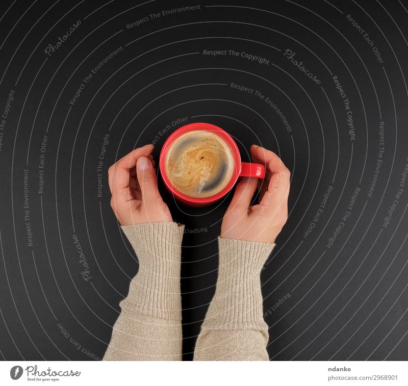 rote cremefarbene Tasse mit schwarzem Kaffee in weiblichen Händen Frühstück Kaffeetrinken Getränk Design schön Dekoration & Verzierung Hand Natur Essen frisch