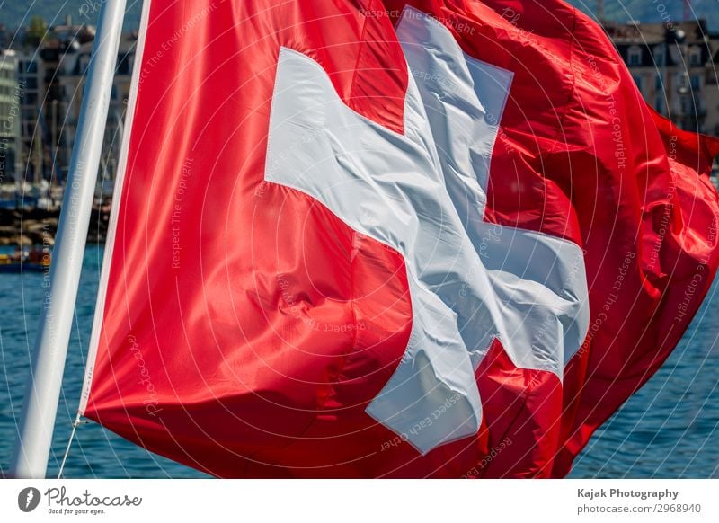 Schweizer Fahne am Genfersee Zeichen Schilder & Markierungen groß rot weiß Politik & Staat Schweizerflagge Außenaufnahme Menschenleer Tag Totale