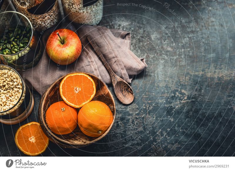 Gesunde Frühstück Zutaten Lebensmittel Apfel Orange Getreide Ernährung Geschirr Stil Gesunde Ernährung Häusliches Leben Tisch Fitness Design healthy