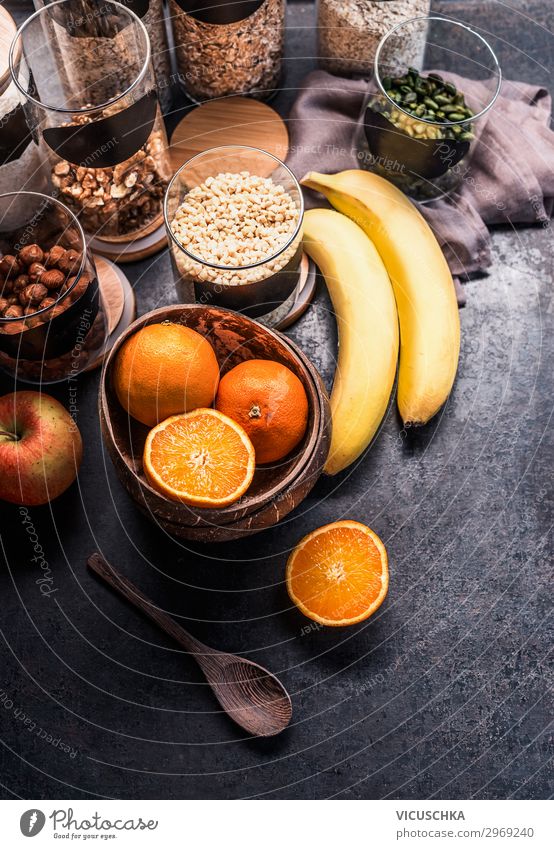 Gesunde Zutaten zum Fitness Frühstück Lebensmittel Frucht Apfel Orange Getreide Ernährung kaufen Stil Design Gesundheit Gesunde Ernährung Sport-Training