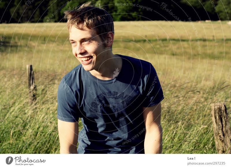 Lachen ist gesund! maskulin Junger Mann Jugendliche Bruder 1 Mensch 18-30 Jahre Erwachsene Natur Sonnenlicht Frühling Schönes Wetter Feld T-Shirt blond