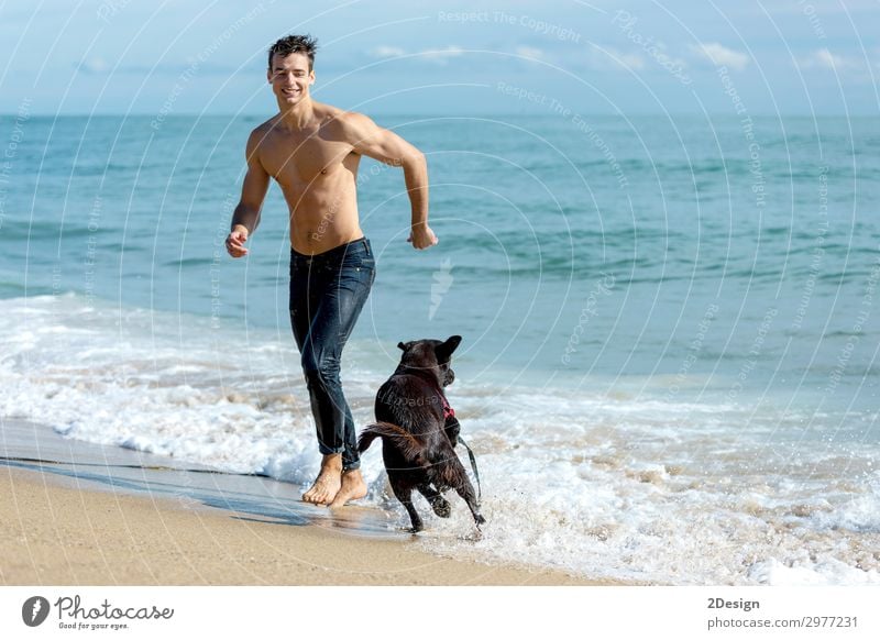 junger Mann spielt mit Hund am Strand bei Sonnenaufgang. Lifestyle Freude Glück Freizeit & Hobby Spielen Ferien & Urlaub & Reisen Sommer Meer Mensch maskulin