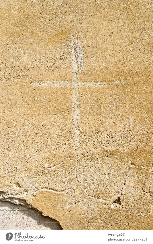 Immer an der Wand lang | Kreuzgang Mauer Fassade Stein Zeichen Graffiti braun Hoffnung Glaube demütig Religion & Glaube Gebäude Putzfassade Christliches Kreuz