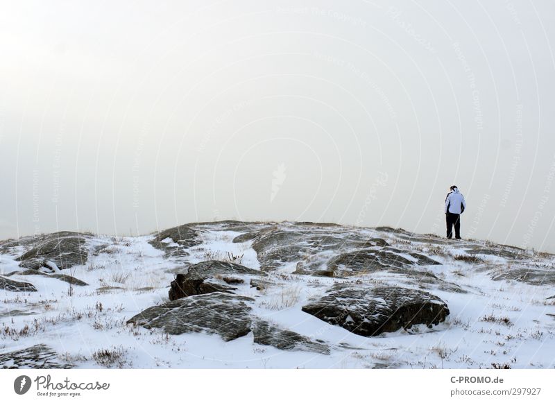 Was für ein Ausblick Mensch maskulin Junger Mann Jugendliche Erwachsene 1 18-30 Jahre Landschaft Winter schlechtes Wetter Felsen Gipfel Ostsee Denken stehen