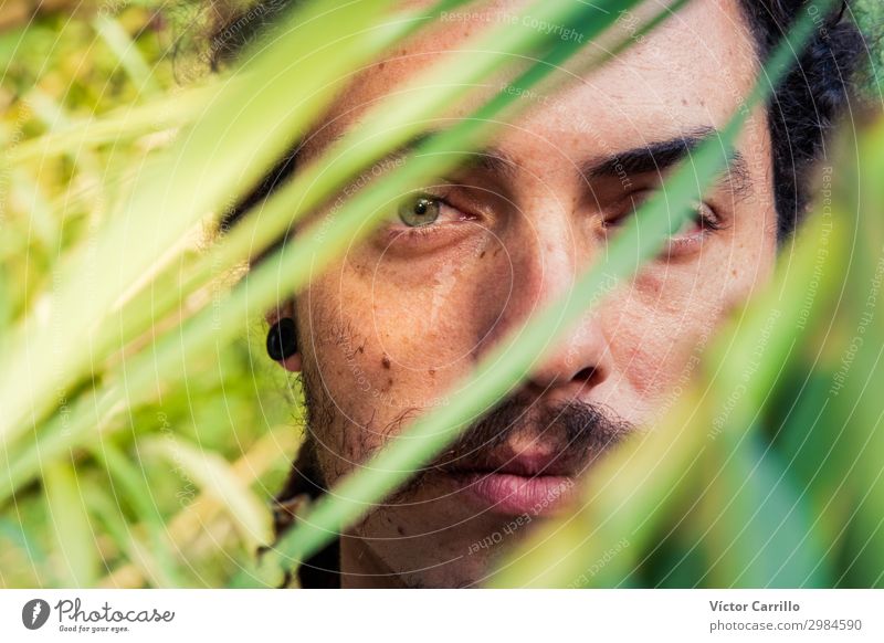 Boho Man mit tropischer Vegetation Hintergrund Lifestyle Stil Mensch maskulin Junger Mann Jugendliche Erwachsene 1 18-30 Jahre Umwelt Natur Landschaft Pflanze