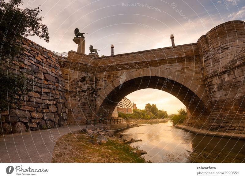 Ebro-Fluss durch Zaragoza Ferien & Urlaub & Reisen Tourismus Kultur Landschaft Himmel Kirche Platz Brücke Gebäude Architektur Denkmal Stein alt historisch