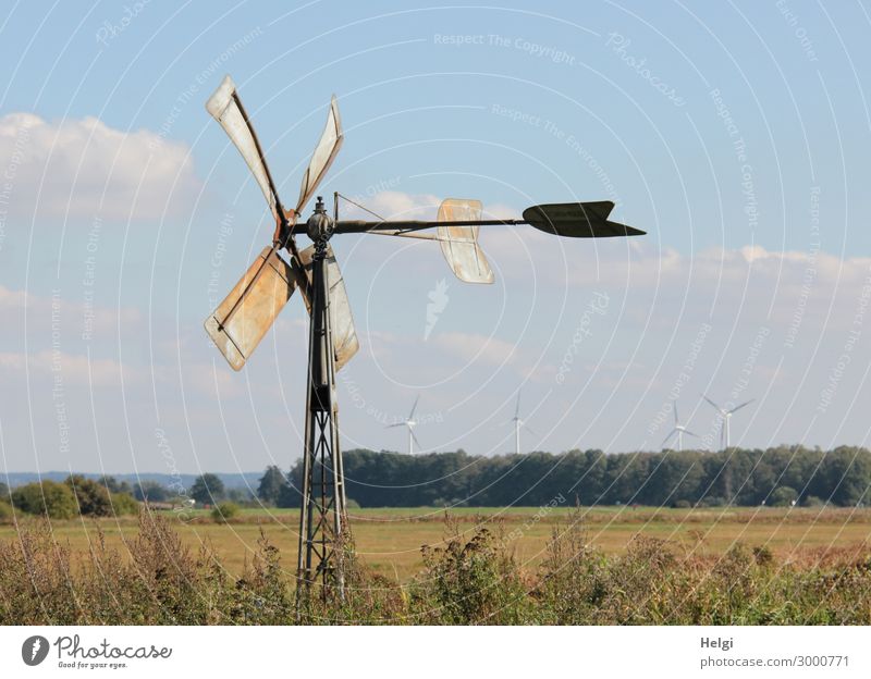kleines historisches Windrad aus Metall steht auf einer Wiese, in der Ferne stehen moderne Windkraftanlagen Technik & Technologie Energiewirtschaft