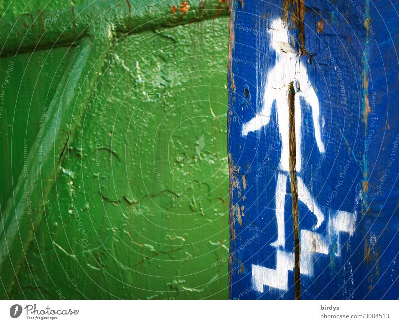 go green 1 Mensch Treppe Zeichen Hinweisschild Warnschild Graffiti gehen authentisch blau grün weiß Tatkraft Bewegung Fürsorge Gesellschaft (Soziologie)