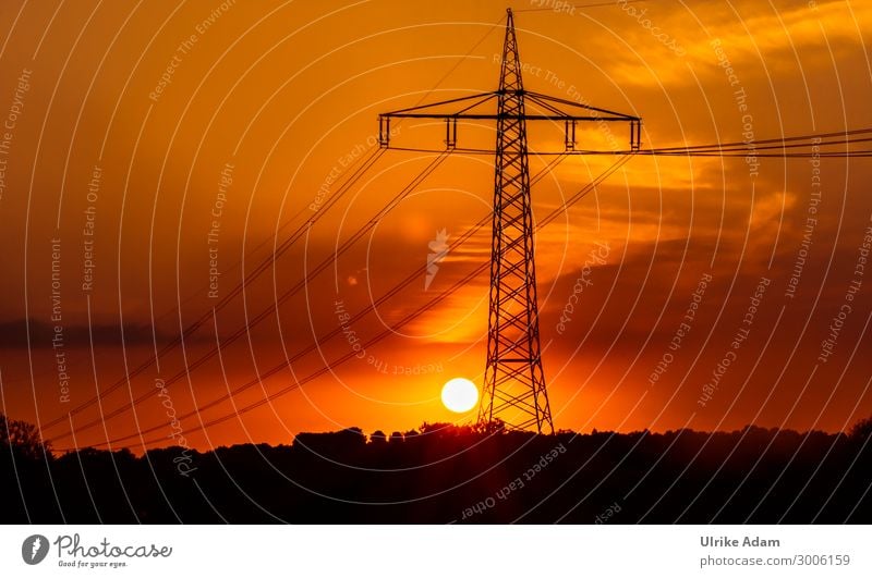 Strommast bei Sonnenuntergang Energiewirtschaft Hochspannungsleitung Umwelt Himmel Sonnenaufgang Klima orange Kabel Elektrizität Elektronik Farbfoto