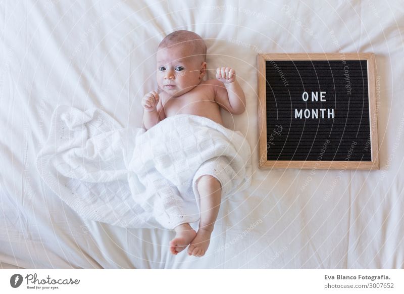 Porträt eines schönen Babys zu Hause auf dem Bett. Tag und Familie Haut Gesicht Erholung Kind Mensch Junge Hand schlafen träumen klein neu niedlich weich weiß