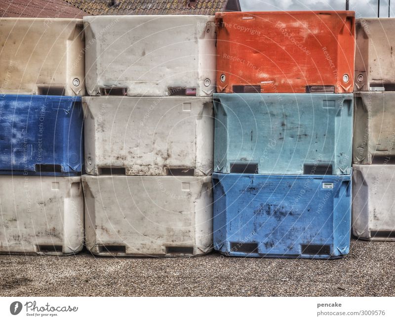 fischersfritze Hafen Container Kunststoffverpackung Kasten authentisch dreckig Fischereiwirtschaft Stapel Güterverkehr & Logistik Nordseeküste Dänemark Farbfoto