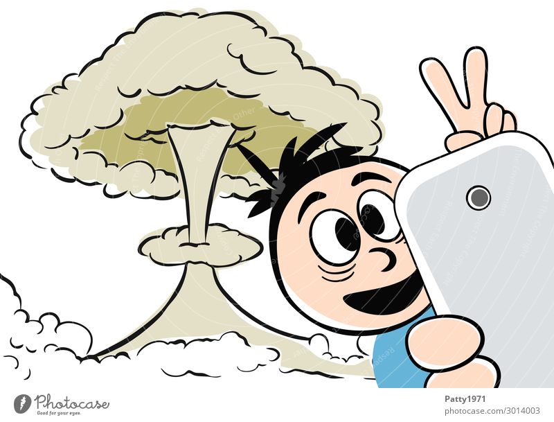 Katastroselphie - Dabei sein ist alles Lifestyle Kernkraftwerk Atompilz maskulin 1 Mensch Selfie Zeichen gestikulieren Lächeln bedrohlich verrückt Angst