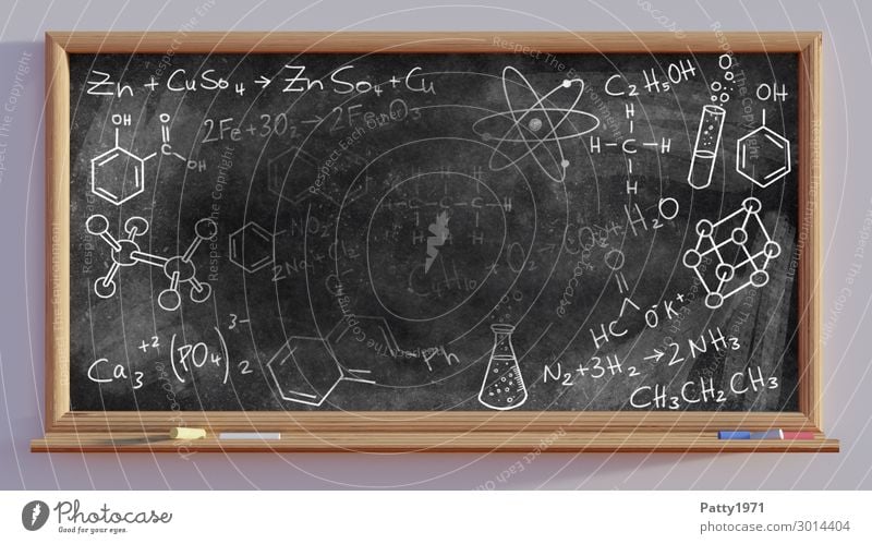 Chemische Formeln auf schwarzer Schultafel - 3D Render Bildung Wissenschaften Schule Tafel Studium Kreidezeichnung Schriftzeichen Zeichen Ziffern & Zahlen