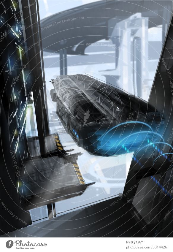 Raumschiff gleitet durch eine futristische Industrielandschaft. Abstrakte Science Fiction Illustration. Raumfahrt High-Tech Technik & Technologie Fortschritt