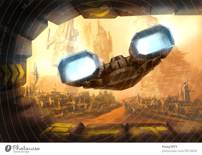 Raumschiff verläßt das Raumdock Richtung einer dystopischen Industrielandschaft. Abstrakte Science Fiction Illustration. futuristisch Zukunft Skyline
