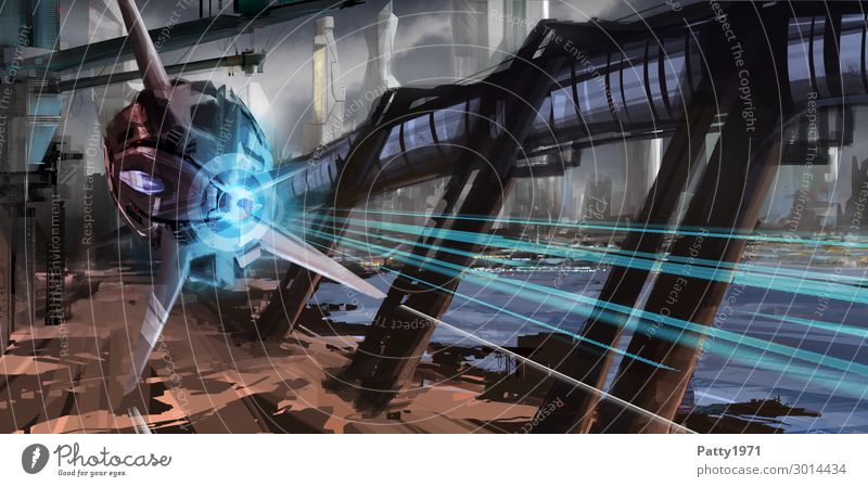 Raumschiff gleitet durch eine futristische Industrielandschaft. Abstrakte Science Fiction Illustration. Industrieanlage Technik & Technologie Fortschritt