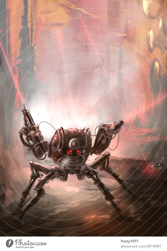 Vierbeiniger Kampfroboterschießt sich den Weg in einer dystopischen Industrielandschaft frei. Science Fiction Illustration. Roboter Mech Quadroped Mecha Laser