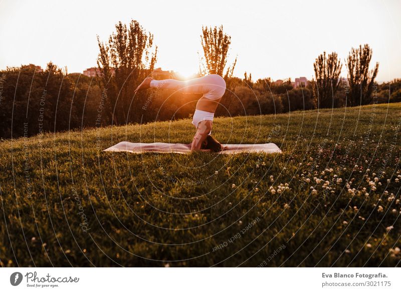 junge schöne asiatische Frau beim Yoga im Park bei Sonnenuntergang Lifestyle Glück Körper harmonisch Erholung Meditation Freizeit & Hobby Sommer Musik Sport