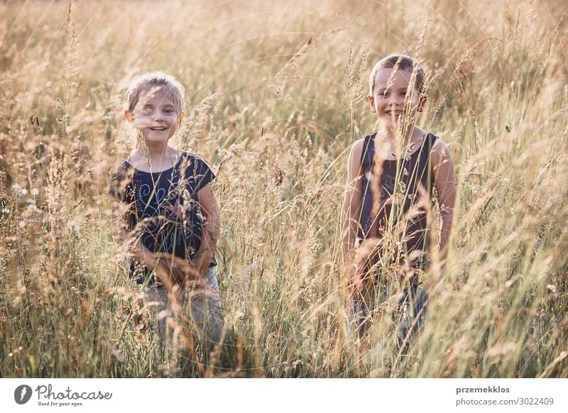 Kleine glückliche lächelnde Kinder, die in einem hohen Gras spielen. Lifestyle Freude Glück Erholung Ferien & Urlaub & Reisen Sommer Sommerurlaub Mensch Mädchen
