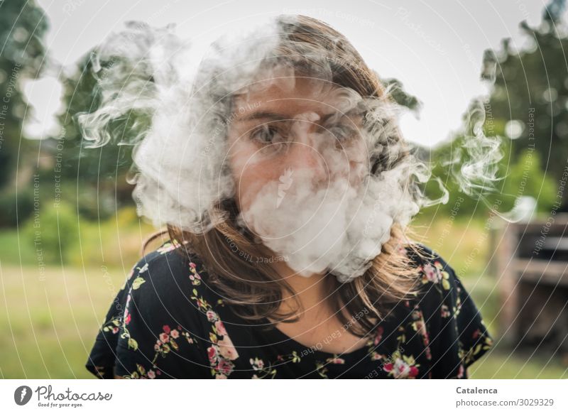 Verhüllung  denkt die Frau und hüllt ihr Gesicht  im Rauch ein Rauchen Rauschmittel feminin 1 Mensch Landschaft Pflanze Himmel Sommer Baum Gras Abgas rauchend