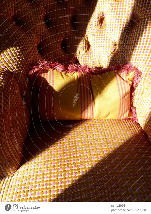 sonniges Plätzchen... Sessel Stuhl gemütlich Sofakissen Lichteinfall Sonnenlicht warm Möbel Häusliches Leben wohnen ausruhen Schatten gelb kariert leer rosa