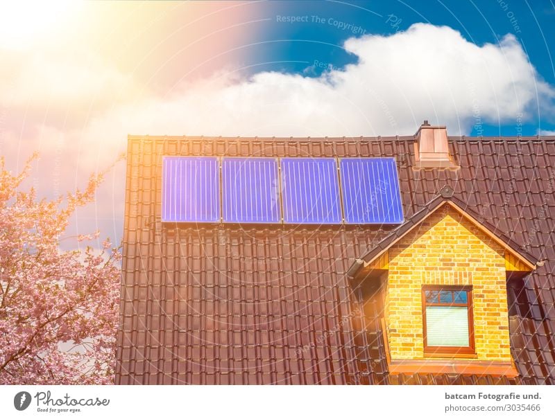 Solaranlage auf einem Einfamilienhaus Solarthermie Haus Dachboden Erneuerbare Energie Sonnenenergie Dorf Kleinstadt Stadt Bauwerk Architektur Schornstein