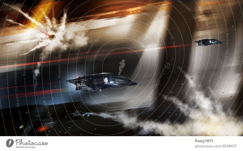 Raumschiffe rasen durch eine futuristische Szenerie. Abstrakte Science Fiction Illustration. Raumfahrzeuge fliegen Technik & Technologie Fortschritt Zukunft