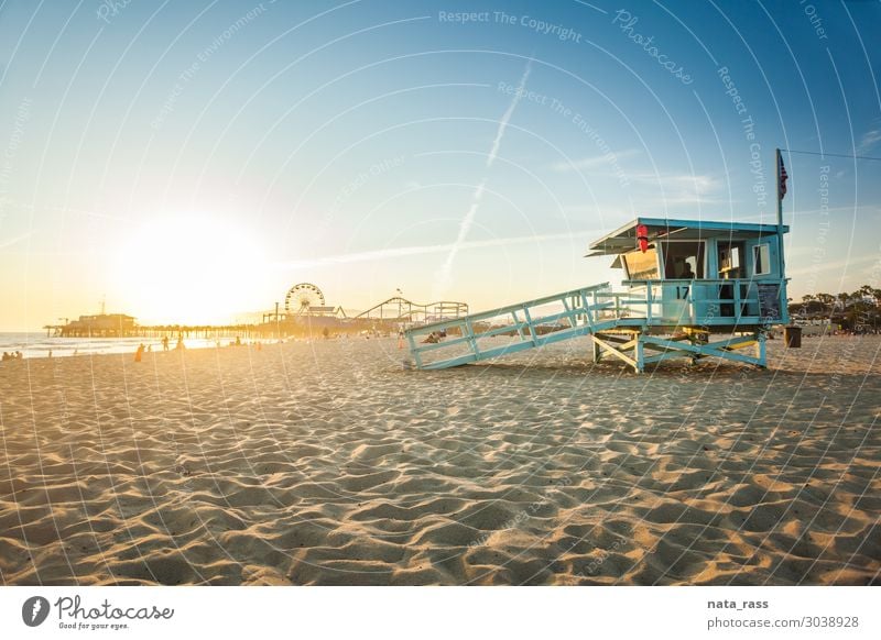 Sonnenuntergang in Santa Monica Ferien & Urlaub & Reisen Strand Meer Natur Landschaft Sand Himmel Schönes Wetter Park Küste Hütte Gebäude Sehenswürdigkeit