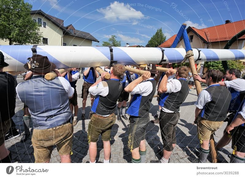 Maibaumaufstellen in Oberbayern Lifestyle Feste & Feiern 1. Mai Mensch maskulin Junger Mann Jugendliche Menschengruppe 18-30 Jahre Erwachsene Bayern Dorf