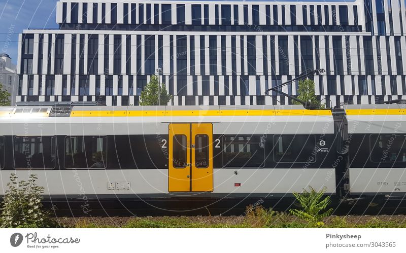 Train Bauwerk Gebäude Architektur Verkehr Schienenverkehr Bahnfahren Eisenbahn Personenzug S-Bahn Ferien & Urlaub & Reisen gelb Linie Tür Düsseldorf Deutschland