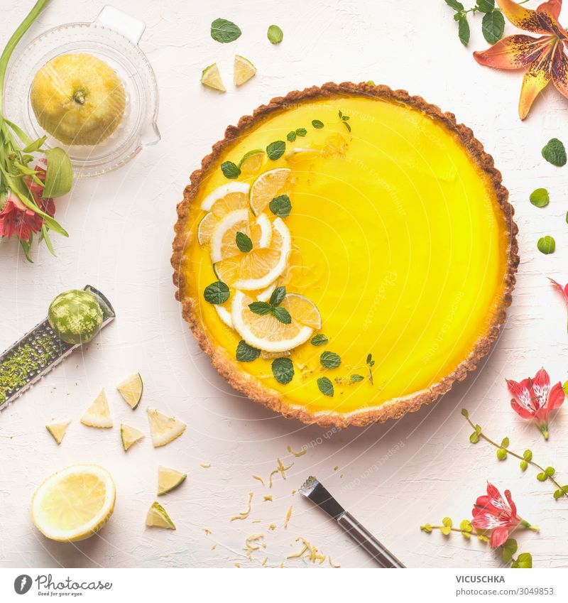 Zitronen Tart Lebensmittel Frucht Kuchen Dessert Ernährung Bioprodukte Geschirr Design Restaurant gelb Stil Hintergrundbild Torte Foodfotografie Essen