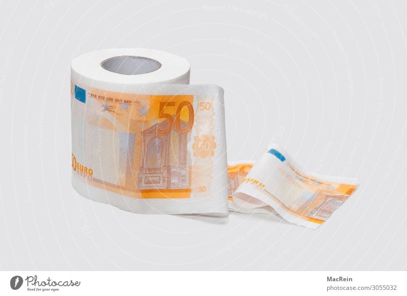 Bedrucktes Toilettenpapier Klopapier Papierblatt Geld 50 Euro Geldscheine papierrolle Euroschein Fälschung Rolle Farbfoto Innenaufnahme Textfreiraum rechts