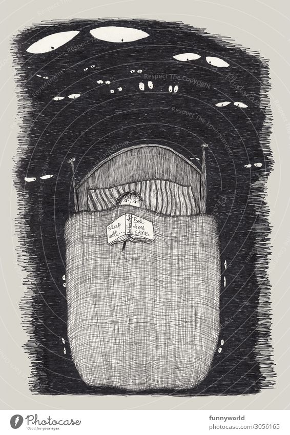 Illustration eines Kindes im Bett, mit Buch auf der Bettdecke und lauter weiße Augen schauen auf es herab 1 Mensch Angst Alptraum gruselig Gute Nacht bedrohlich