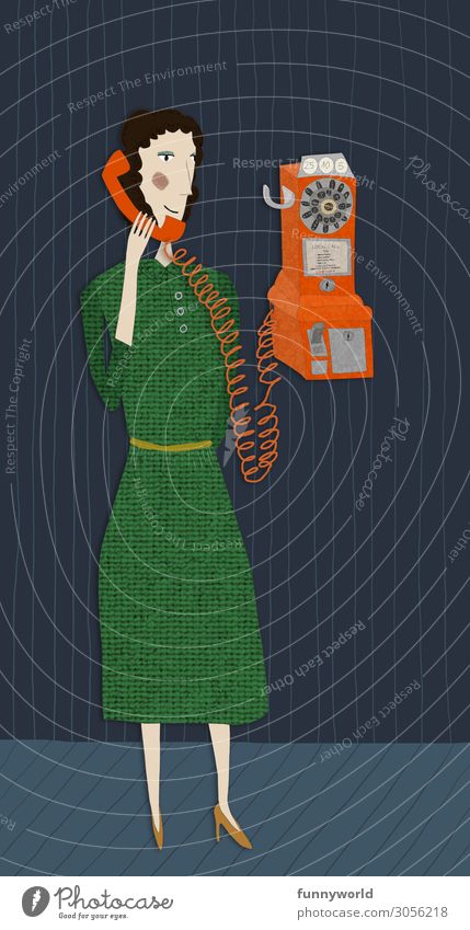Illustration einer Frau mit grünem Kleid in retro Stil, die mit eine orangenen analogen Telefon telefoniert Erwachsene 1 Mensch Rock Damenschuhe schwarzhaarig