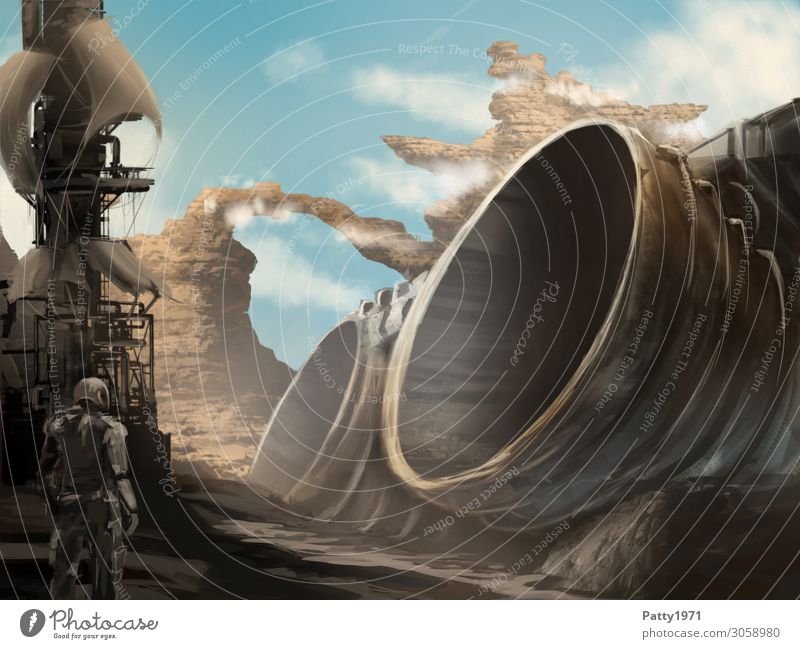 Abgstürztes Raumschiff auf einem fremden  Planeten. Abstrakte Science Fiction Illustration. abgestürzt Fortschritt Zukunft Wrack High-Tech Luftverkehr Raumfahrt