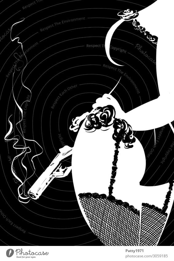 S/W Illustration.Femme fatale in in Dessous und Strapse hält eine Pistole in der Hand aus deren Lauf Rauch austeigt Frau Coolness Surrealismus Mensch feminin