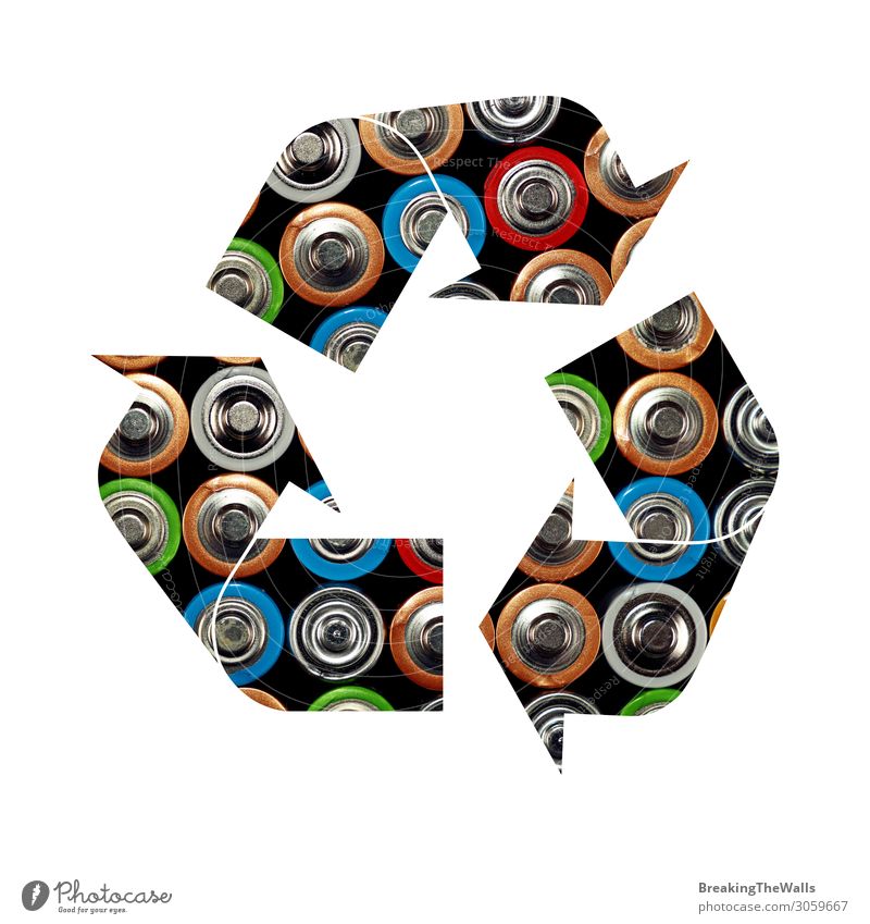 Recycling-Symbol für Alkali-Batterien Industrie Energiewirtschaft Umwelt Zeichen Schilder & Markierungen Hinweisschild Warnschild Sauberkeit grün weiß Schutz