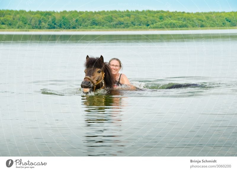 Seepferdchen bestanden! Freude Leben Reitsport Frau Erwachsene 1 Mensch 45-60 Jahre Landschaft Wasser Sommer Pferd Tier Schwimmen & Baden lachen authentisch