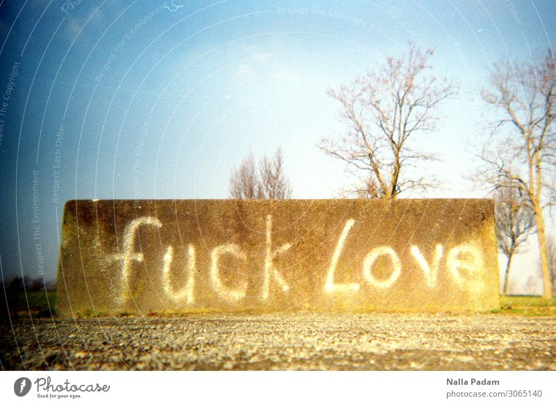 Luck Fove Deutschland Stadt Menschenleer Beton Graffiti Kommunizieren blau braun weiß Ärger gereizt Verbitterung Text fuck Liebe Betonklotz Schriftzeichen