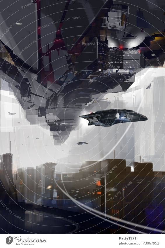 Raumschiffe gleiten durch eine futuristische, urbane Stadtlandschaft. Abstrakte Science Fiction Illustration. Fortschritt Zukunft High-Tech Luftverkehr