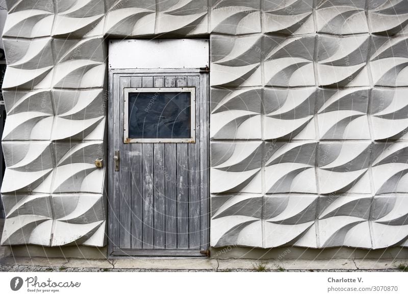 Holztür Haus Architektur Fertigbauweise Mauer Wand Fassade Tür Wandtäfelung Beton alt außergewöhnlich Coolness elegant einzigartig retro trashig grau weiß
