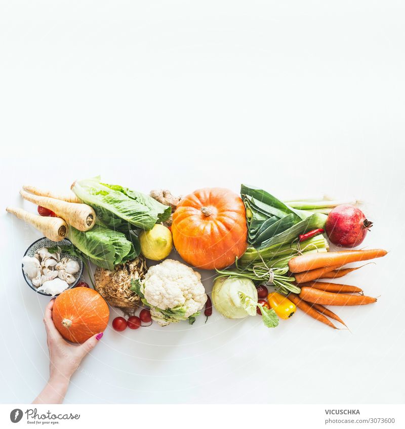 Bio-Gemüse und Obst der Saison mit Hand Lebensmittel Frucht Apfel Ernährung kaufen Design Gesunde Ernährung Mensch feminin Frau Erwachsene Hintergrundbild