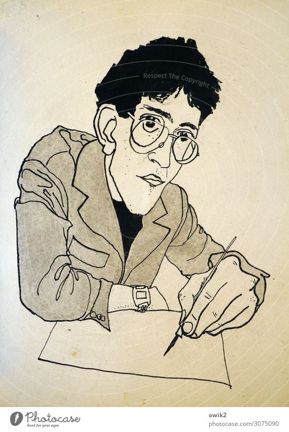 Selfie Junger Mann Jugendliche Erwachsene 1 Mensch Künstler Selbstportrait Zeichnung Tinte Karton vergilbt sitzen gewissenhaft Vorsicht geduldig