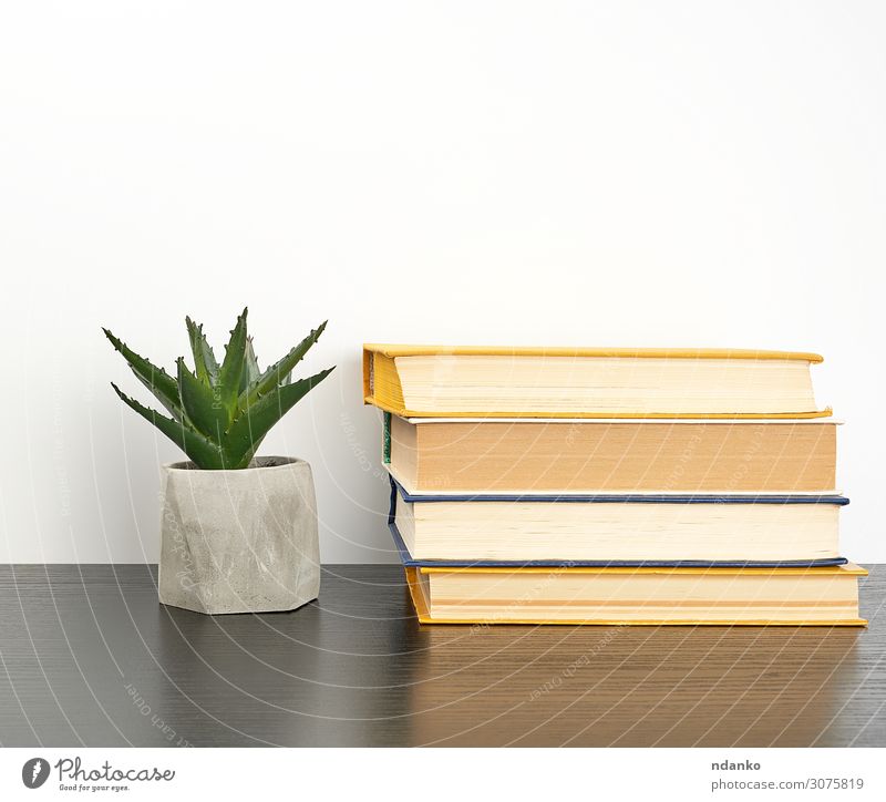 Bücher auf einen schwarzen Tisch und einen Keramiktopf stapeln. Topf lesen Wissenschaften Schule lernen Klassenraum Studium Arbeitsplatz Business Buch