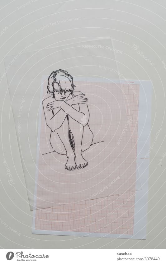 nur abgepaust (3) Zeichnung gezeichnet zeichnen malen abgezeichnet Kunst Künstler durchscheinend durchsichtig Frau sitzen Papier übereinanderliegend