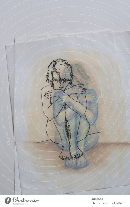 nur abgepaust Zeichnung gezeichnet zeichnen malen abgezeichnet Kunst Künstler durchscheinend durchsichtig Frau sitzen Papier übereinanderliegend farbig